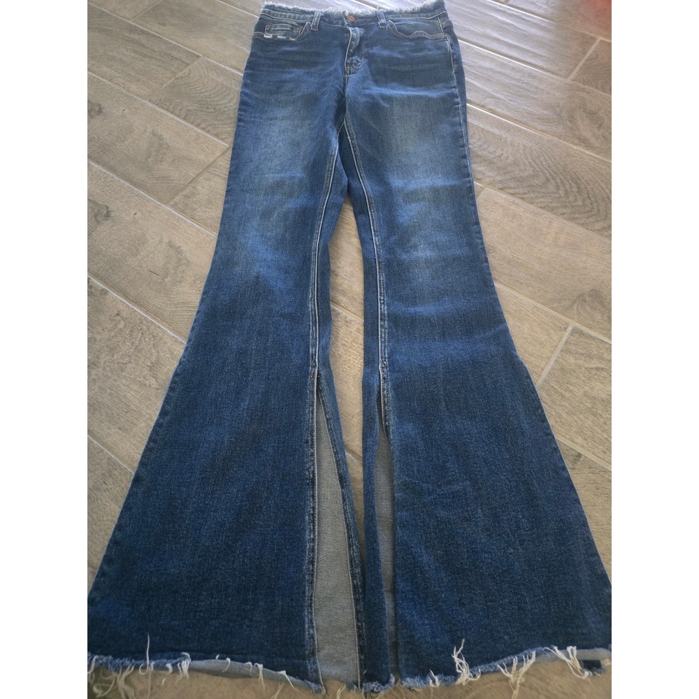 Vervet Los Angeles High Slit Flare Jeans Medium Wash Frayed Raw Edge 28 Tall